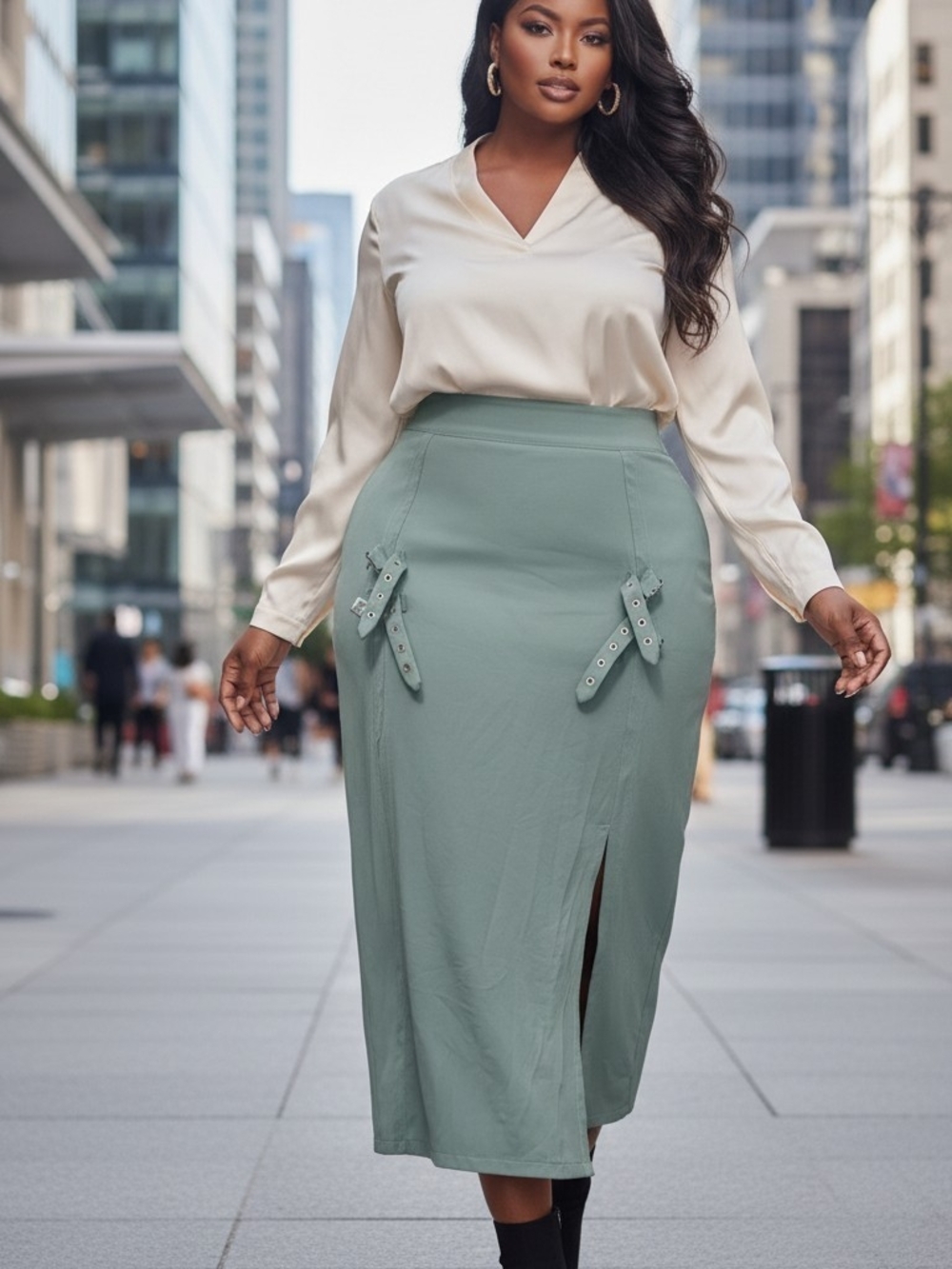 Halara Sage Green Midi Skirt Built-In Shorts Buckle Slits XL Regular EUC